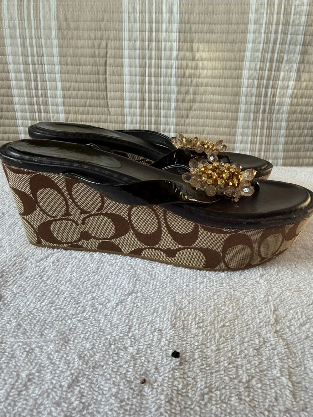 Coach Brown Signature Platform Wedge Sandals with Gold Bead Detail